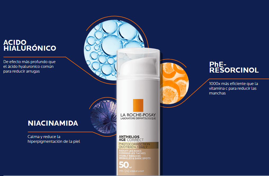 La Roche-Posay. Anthelios Age Correct. Fotoprotector anti edad con color. FPS50+. 50ml