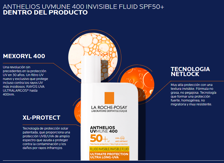 La Roche-Posay. Anthelios UVMUNE400. Protector Solar Fluido invisible. FPS50+. 50ml