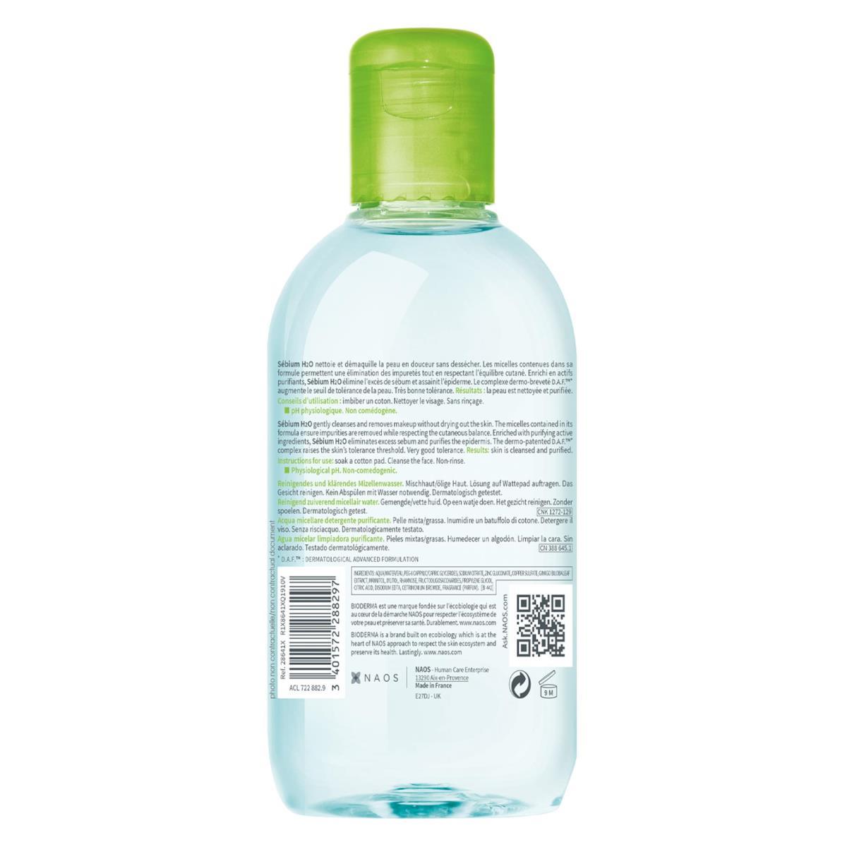 Bioderma. Sebium. H2O. Agua micelar desmaquillante para piel grasa. 250ml