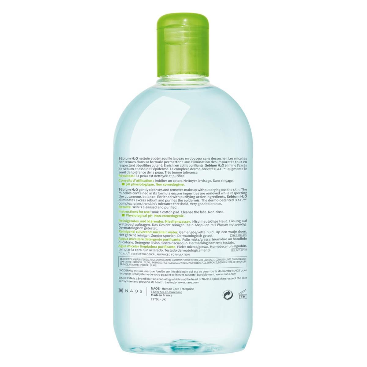 Bioderma. Sebium. H2O. Agua micelar desmaquillante para piel grasa. 500ml