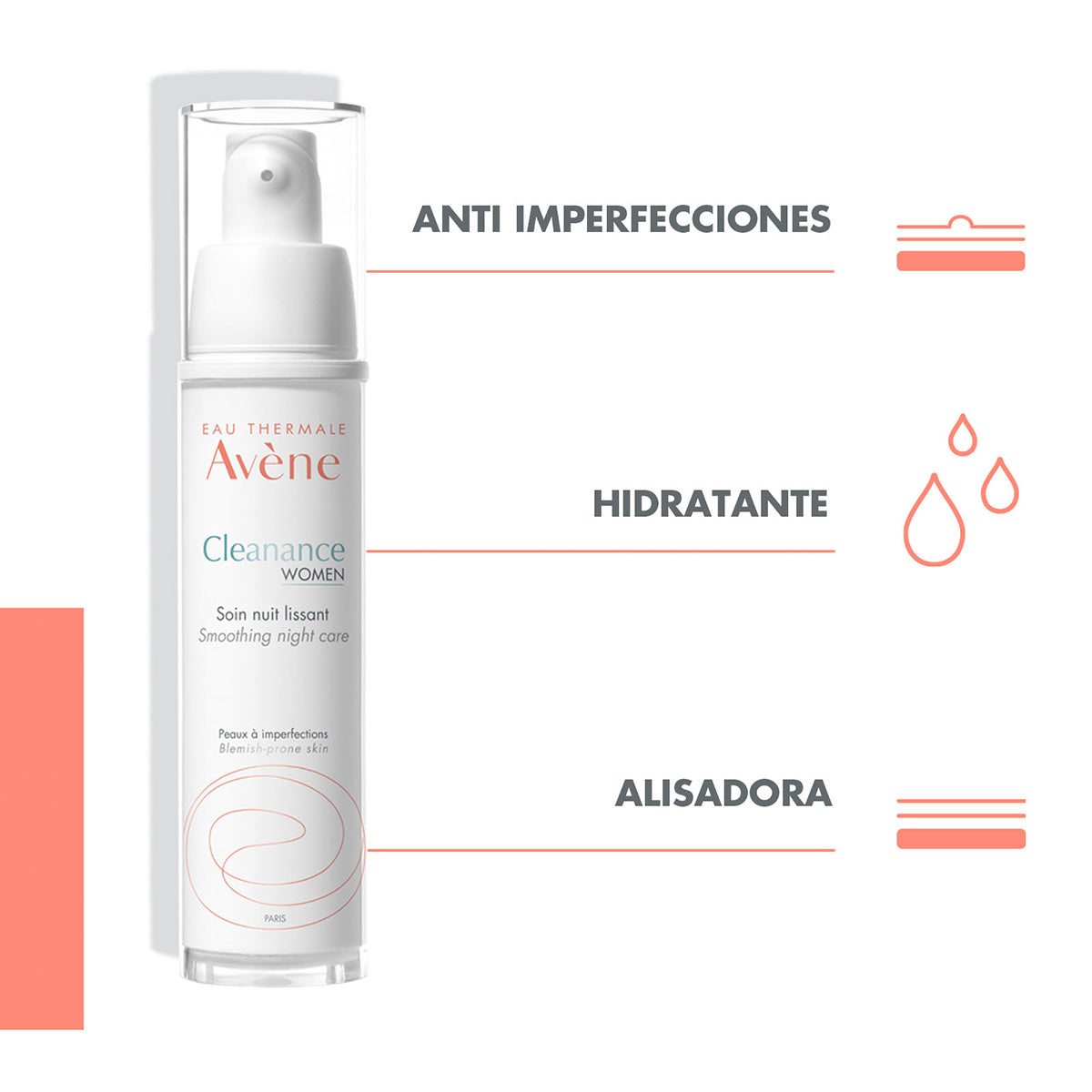 Avene. Cleanance women. Crema de noche alisadora. 30ml