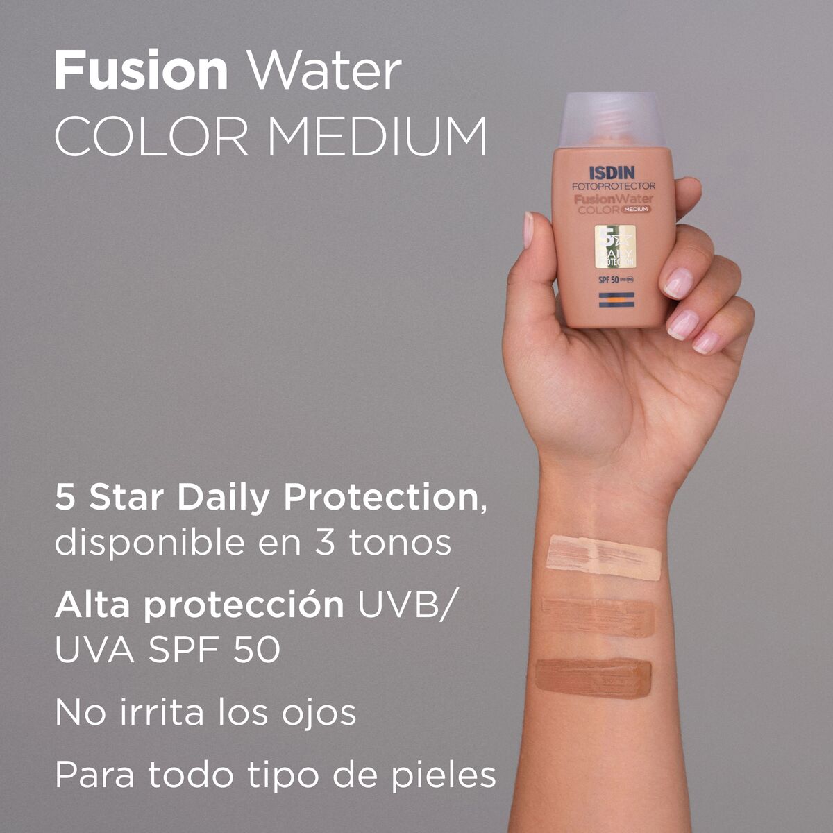 Isdin. Fotoprotector. Fusion Water FPS50+. Tono medio. 50ml