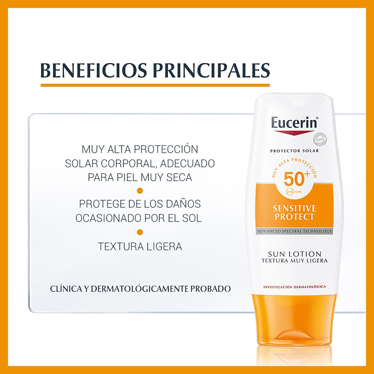 Eucerin. Sun Body. Sensitive Protect. Loción Textura muy Ligera. FPS50+. 150ml