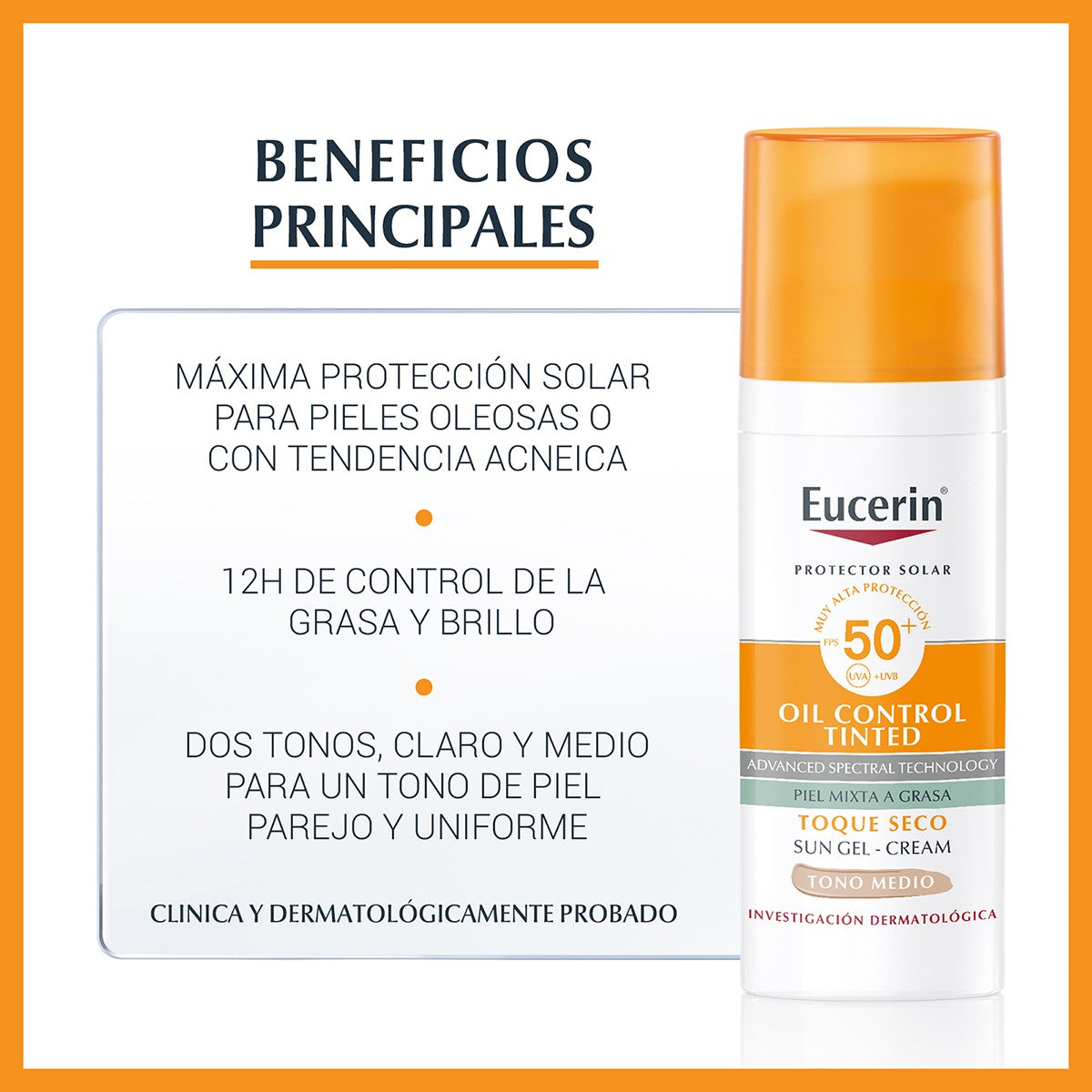 Eucerin. Sun facial. Oil control tono medio. FPS50+. 50ml