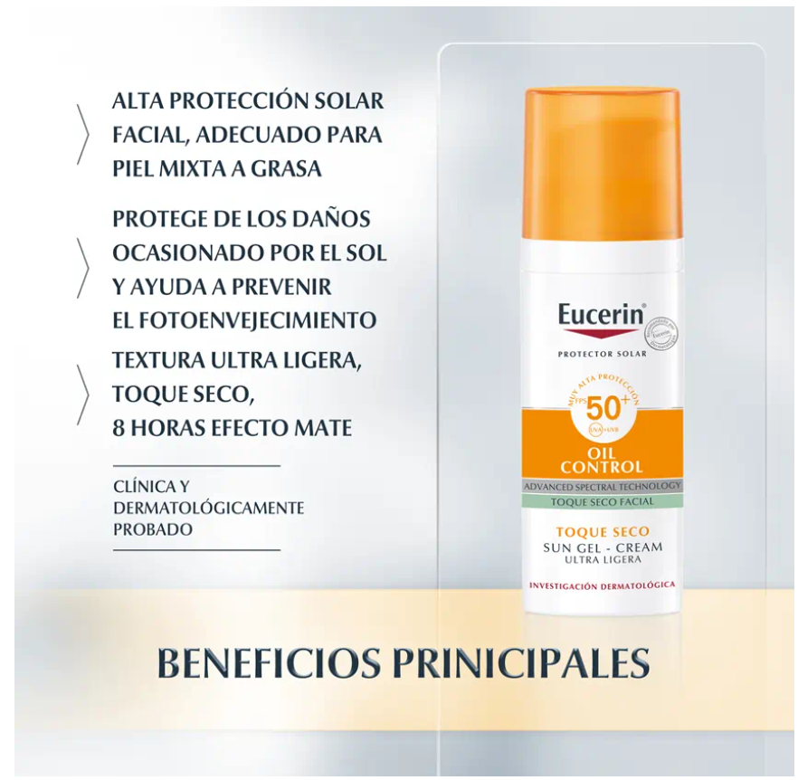 Eucerin. Sun facial. Oil control. Protector solar para piel grasa. FPS50+. 50ml