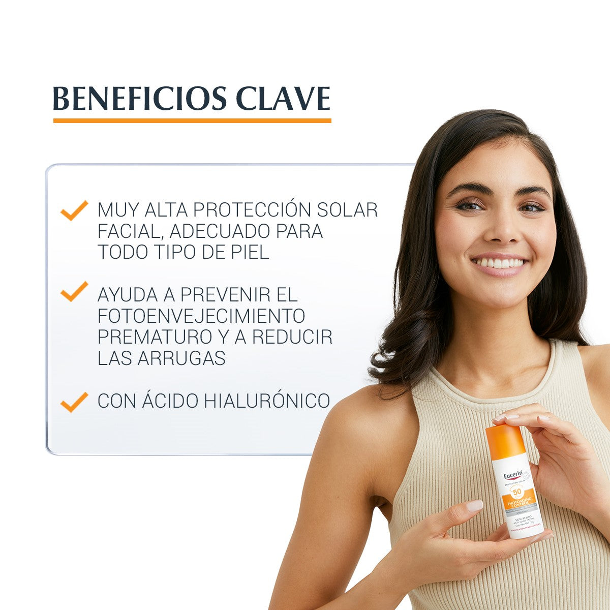 Eucerin. Sun facial. Photoaging control. Protector solar antiedad. Tono neutro. FPS50+ 50ml