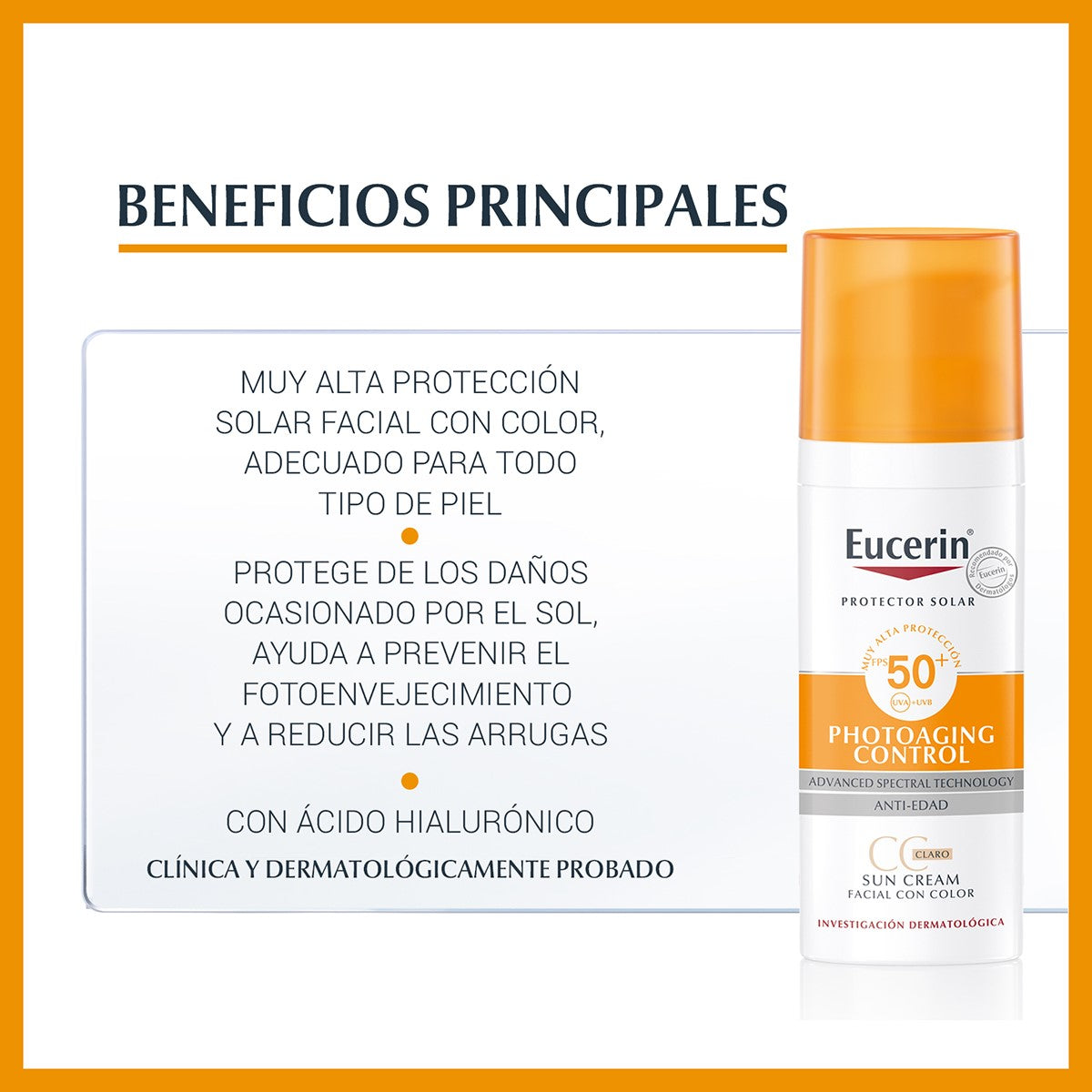 Eucerin. Sun facial. Photoaging control. Tono claro. Protector solar antiedad. FPS50+. 50ml