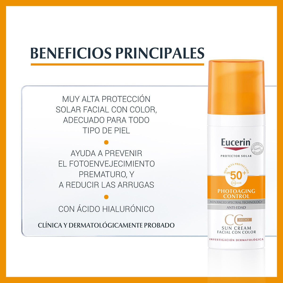 Eucerin. Sun facial. Photoaging control. Tono medio. Protector solar anti-edad. FPS50+. 50ml